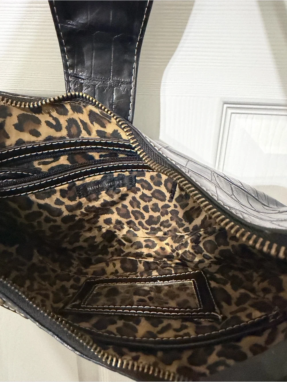 Nine West Black Leather Studded Shoulder Bag with Antiqued Gold Buckle